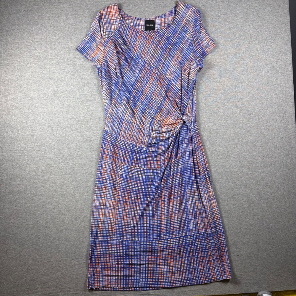 NIC+ZOE Dress Womens L Blue Orange Grid Twist Front Short Sleeve Sheath Jersey